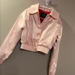 Pink Satin Cropped Bomber Jacket